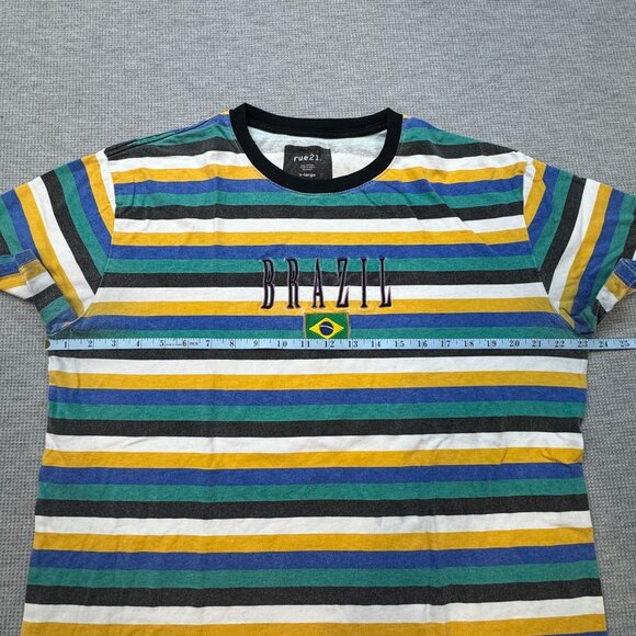 Rue21 Mens Brazil Stripe Crewneck T-Shirt Multicolor Retro Casual Size X-Large - Picture 5 of 8